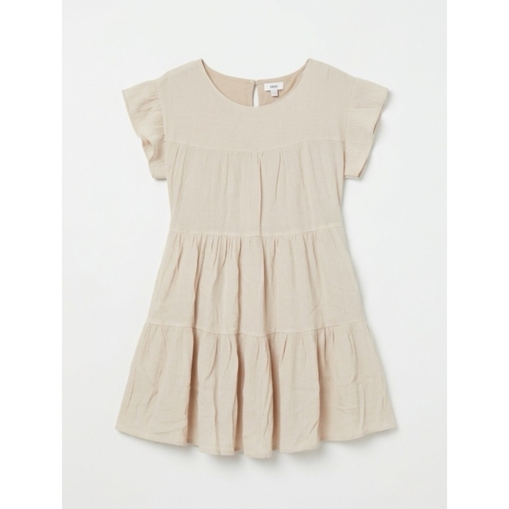 Bluivy Young Contemporary Tiered Babydoll Dress Beige Flutter Sleeve Pockets S